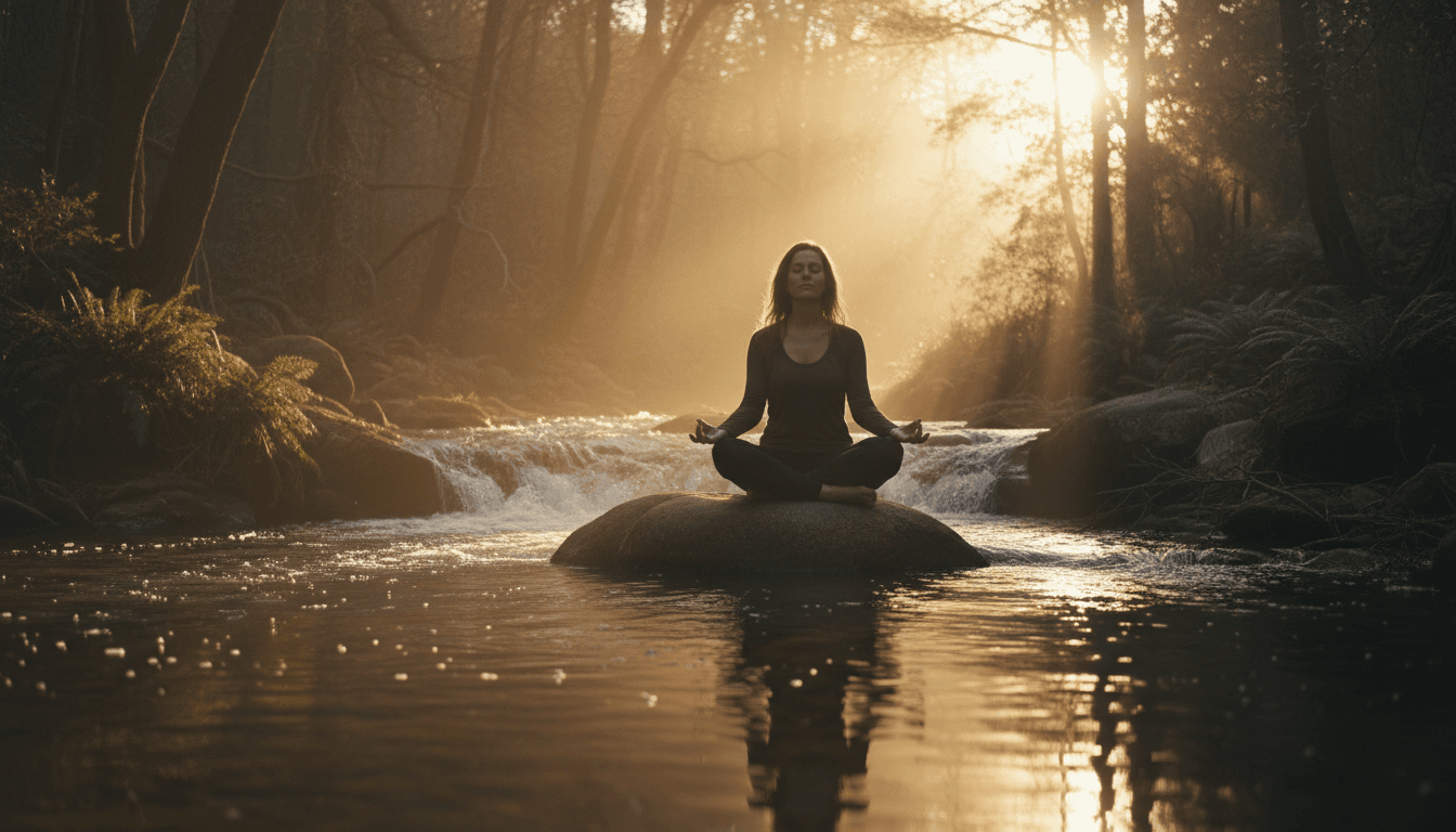 Person meditating in nature with warm golden light surrounding them.