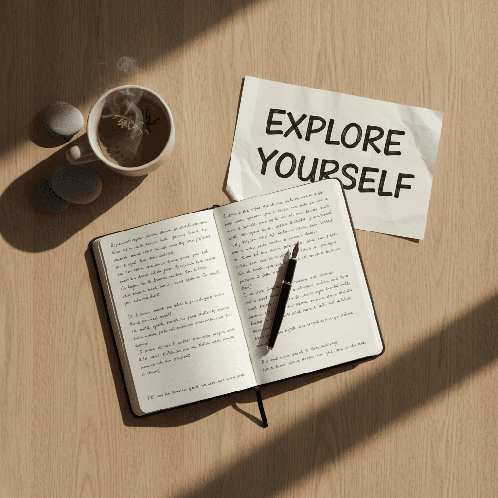 Overhead view of personal workspace with journal