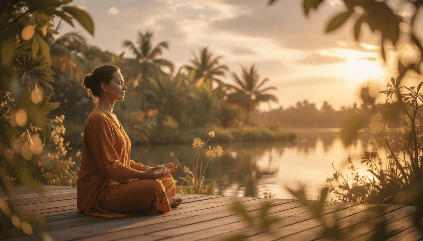 Person meditating peacefully in a tropical garden setting at sunset