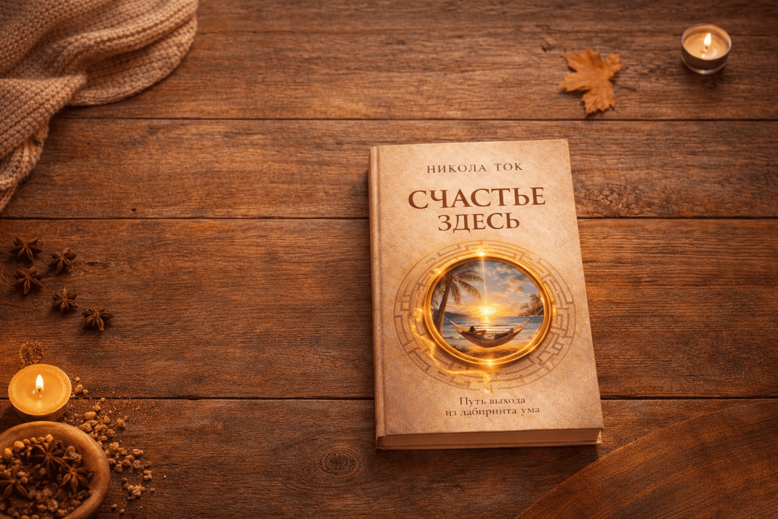 Russian book titled "Happiness is Here" on a rustic wooden table with candles and spices.